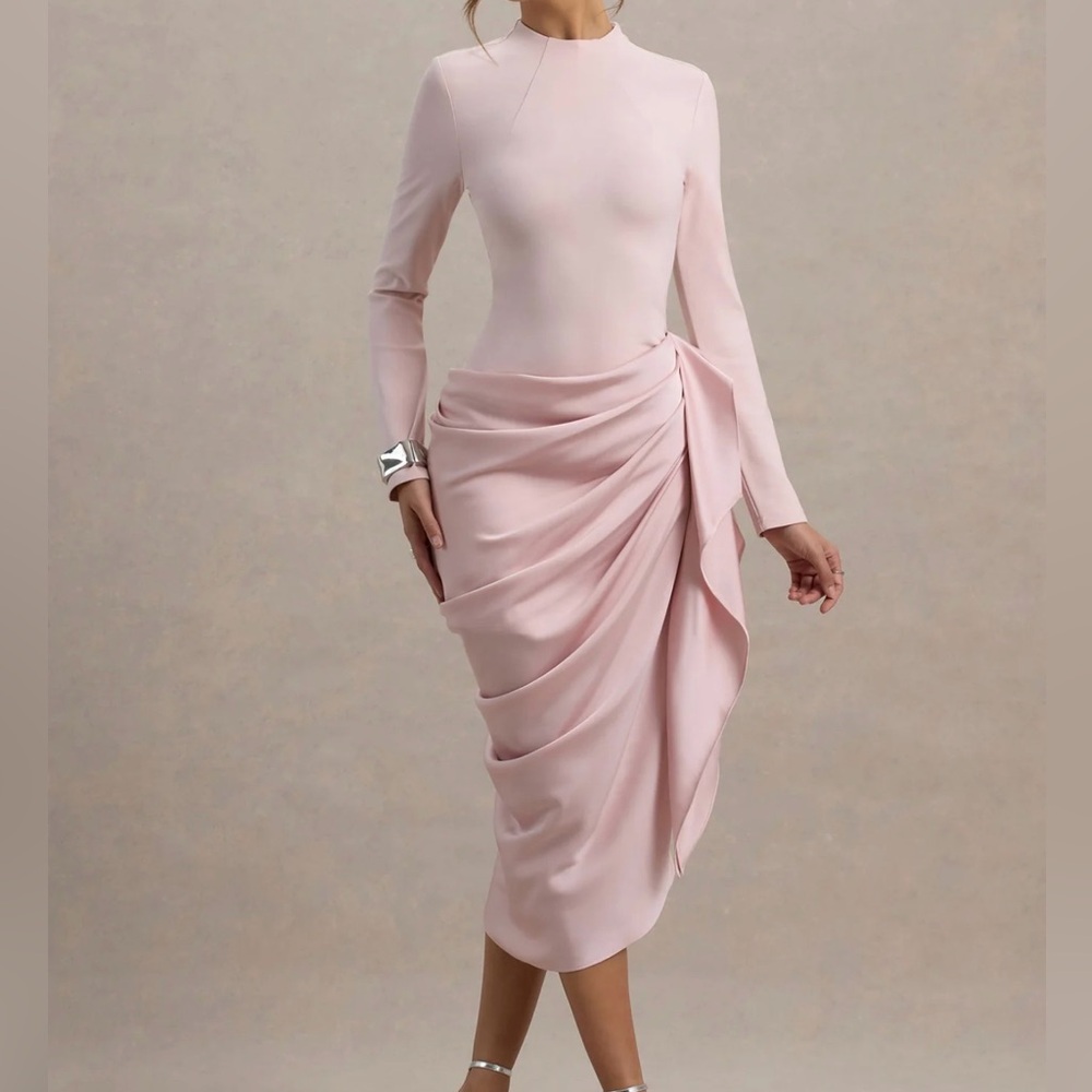 Pink Long Sleeve Midi Dress With Satin Wrap Skirt